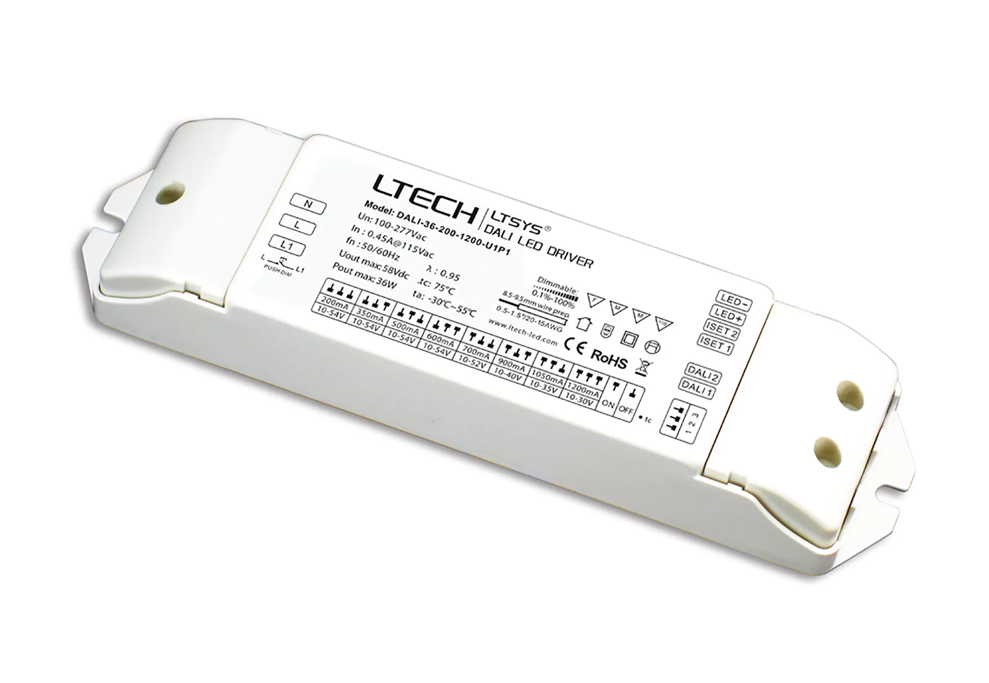 DALI-36-200-1200-U1P1  DALI Push Dim PWM 2-36W Current Dimmable Driver DC:10-54V